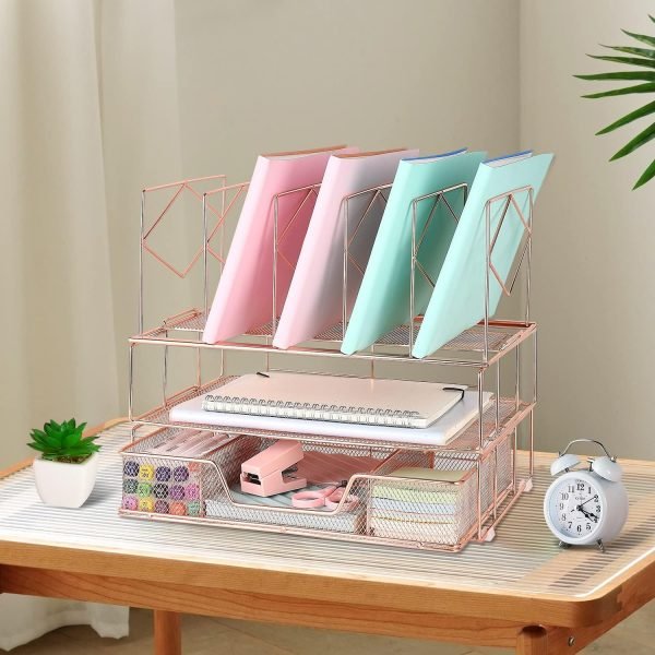 wholesale gianotter desk organizers and accessories, office supplies desk organizer with sliding drawer, double tray and 5 upright section ​file sorter organizer (rose gold) free samples