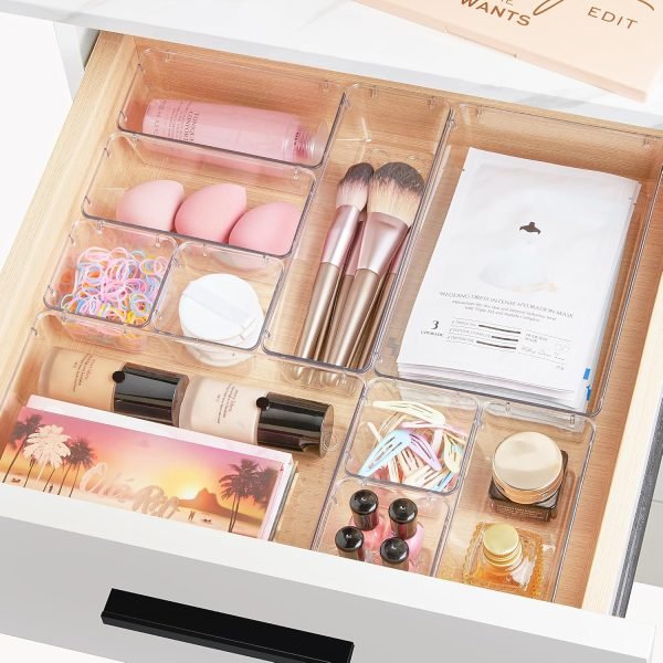 wholesale vtopmart 25 pcs clear plastic drawer organizers set, 4-size versatile bathroom and vanity drawer organizer trays, storage bins for makeup, bedroom, kitchen gadgets utensils and office free samples