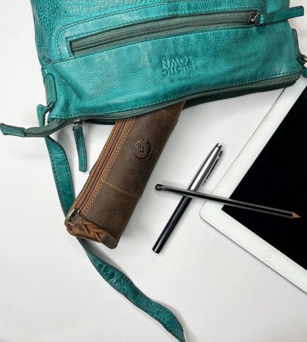 wholesale rustic town leather pencil case - full grain leather zippered pen pouch - stationery bag pen holder for work & office free samples