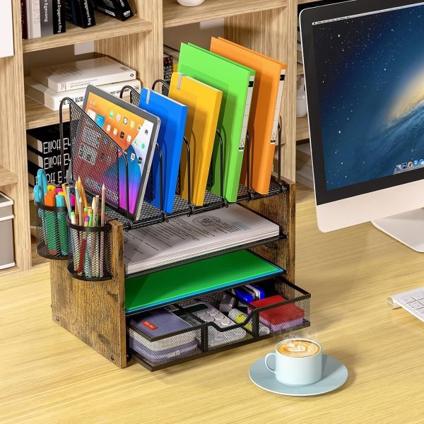 wholesale 4-tier mesh desk organizer, wooden desk file organizer with 5 vertical file holders and 2 pen holders, desktop organizer with drawer, desk organizers and accessories for home office free samples