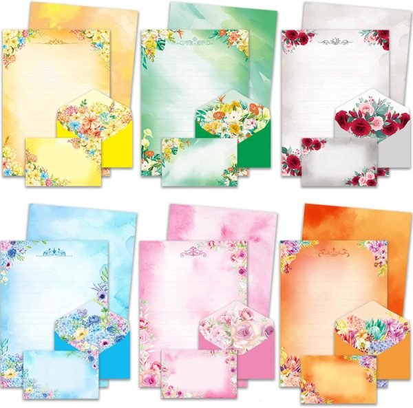 wholesale anzon mories 72 pieces cute stationary writing paper and envelope set (2 sides colored, 1 side lined) 48 sheets, 24 pcs envelopes, flower letter stationery floral decoration (inches, 5.5 x 7.5) free samples