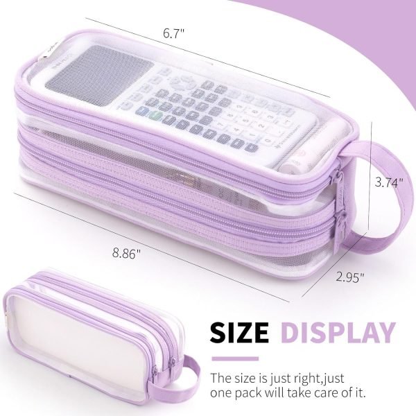 wholesale angoobaby large grid mesh pencil case 2 compartment pen bag clear handheld multifunction pencil pouch transparent makeup bag for teen student college business travel office adult - purple free samples