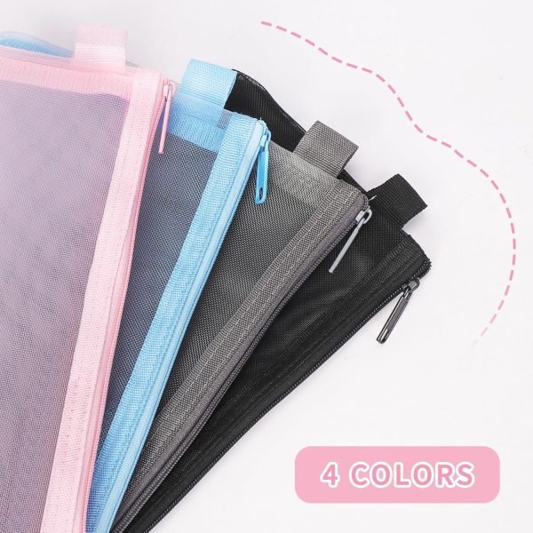 wholesale toplive 4pcs pencil case set, bulk clear exam pencil pouch, nylon mesh zipper pen case bag, makeup bag for women, portable office school stationery storage pouch for students, black grey pink blue free samples