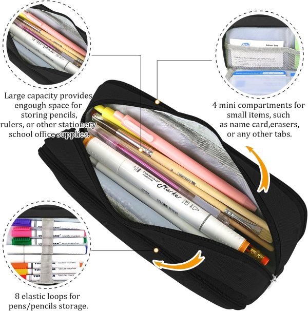 wholesale large pencil case big capacity zippered pencil pouch with 3 compartments portable desk organizer pen holder multi-functional cosmetic makeup pouch for home school office supplies black free samples