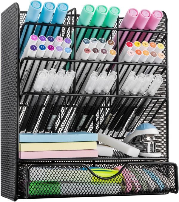 wholesale spacrea metal pen organizer, pencil holder for desk, desk organizer with drawer for school, home, art supplies (black) free samples