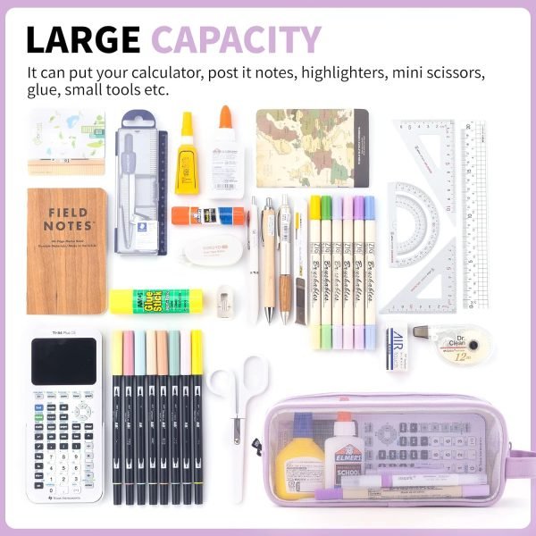 wholesale angoobaby large grid mesh pencil case 2 compartment pen bag clear handheld multifunction pencil pouch transparent makeup bag for teen student college business travel office adult - purple free samples