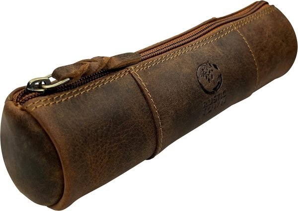 wholesale rustic town leather pencil case - full grain leather zippered pen pouch - stationery bag pen holder for work & office free samples