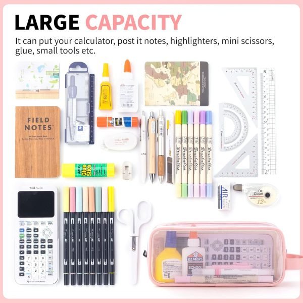 wholesale angoobaby large grid mesh pencil case 2 compartment pen bag clear handheld multifunction pencil pouch transparent makeup bag for teen student college business travel office adult - pink free samples