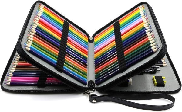 wholesale youshares 120 slots pencil case - pu leather handy multi-layer large zipper pen bag with handle strap for prismacolor watercolor pencils, crayola colored pencils, marco pens and makeup brush (black) free samples