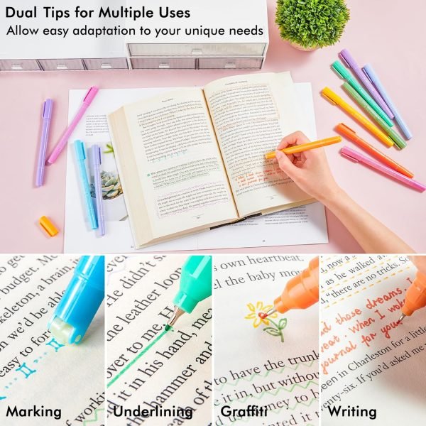 wholesale 12 pastel colored curve highlighter pen set, 10 different shapes dual tip aesthetic and cute markers for kids adults journaling drawing note taking planner scrapbook art school supplies free samples