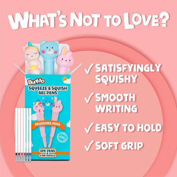 wholesale bunmo stocking stuffers for girls - cute gel pens w/soft grip & 6 refills included - gifts for tween girls - designed for squeezing - fun pens for kids - stocking stuffers for kids - squishy 3 pack free samples