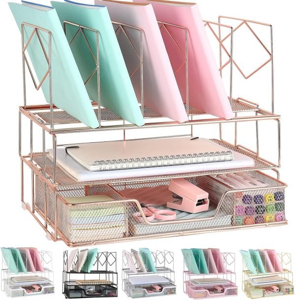 wholesale gianotter desk organizers and accessories, office supplies desk organizer with sliding drawer, double tray and 5 upright section ​file sorter organizer (rose gold) free samples