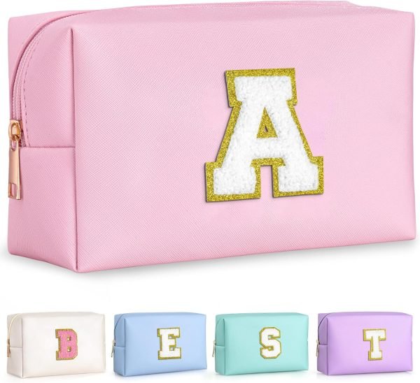 wholesale topeast christmas gifts - preppy makeup bag, stocking stuffers for girls women | personalized initial makeup pouch | leather waterproof cosmetic bag | christmas birthday gifts for daughter (letter a) free samples