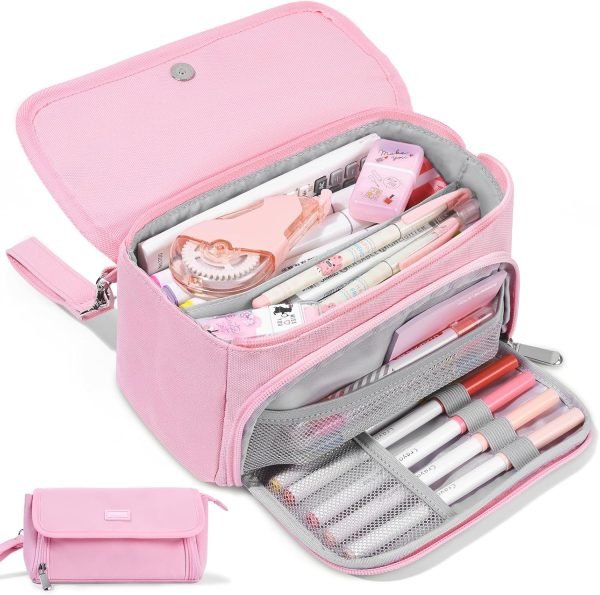 wholesale sooez super large pencil case, big capacity pencil bag with 3 compartments, hold 200 pencils, cute pencil pouch with zipper, portable stationery pen bag, aesthetic school supplies for girls, pink free samples