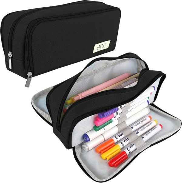 wholesale large pencil case big capacity zippered pencil pouch with 3 compartments portable desk organizer pen holder multi-functional cosmetic makeup pouch for home school office supplies black free samples