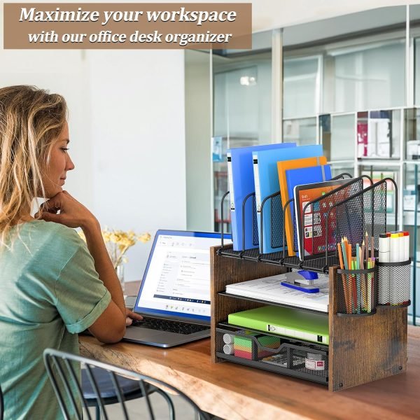 wholesale 4-tier mesh desk organizer, wooden desk file organizer with 5 vertical file holders and 2 pen holders, desktop organizer with drawer, desk organizers and accessories for home office free samples