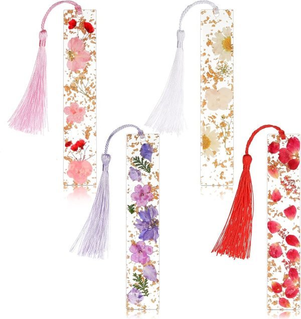 wholesale clabby 4 pieces dried flower resin bookmarks handmade transparent floral dried flower page marker with colorful silky tassel for christmas gift teacher women students(plain style) free samples