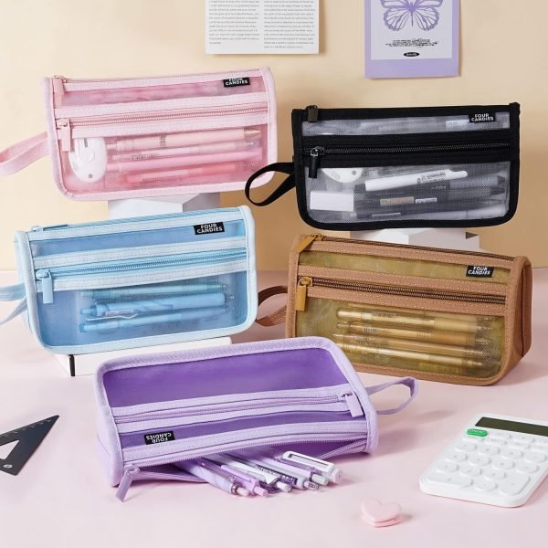 wholesale four candies grid mesh pencil case with handle and zipper, clear double-layer pencil pouch marker pouch, travel makeup bag, cute transparent stationary organizer pen bag for adult office college free samples