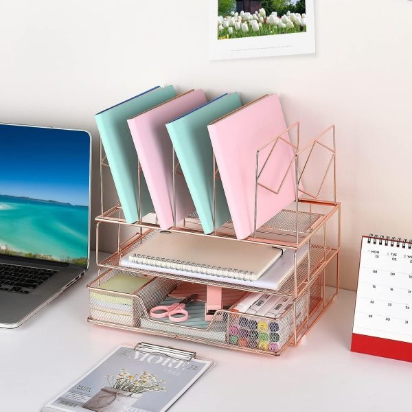 wholesale gianotter desk organizers and accessories, office supplies desk organizer with sliding drawer, double tray and 5 upright section ​file sorter organizer (rose gold) free samples