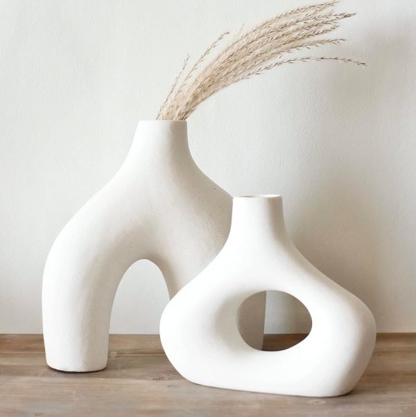 wholesale carrot's den donut vase, set of 2 - minimalist nordic, white ceramic hollow donut vase decor | table centerpiece, olive plant, wedding, living room, bookshelf, office, modern home, entryway, console free samples