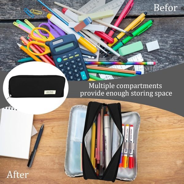 wholesale large pencil case big capacity zippered pencil pouch with 3 compartments portable desk organizer pen holder multi-functional cosmetic makeup pouch for home school office supplies black free samples