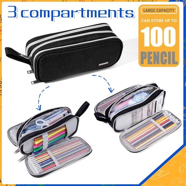 wholesale pencil case with 3 compartments, canvas zipper pencil pouch, large pencil bag, big pen case pouch organizer for adults, pencil pouches for middle high school teen boys girls - black free samples