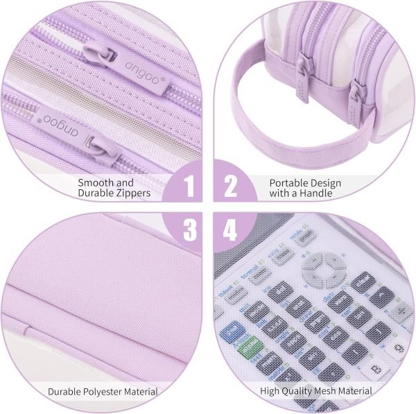 wholesale angoobaby large grid mesh pencil case 2 compartment pen bag clear handheld multifunction pencil pouch transparent makeup bag for teen student college business travel office adult - purple free samples