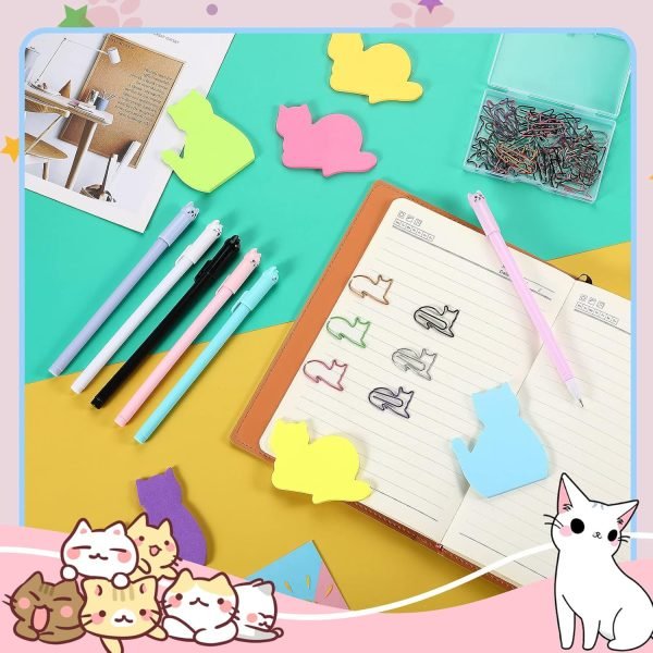 wholesale 42 pcs stationery set 6 color cute sticky notes 30 pcs paper clips and 6 pcs cute pen lover gifts lovely office desk accessories for work school office supplies(cute cat) free samples