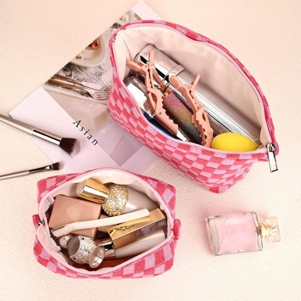 wholesale soidram 2 pieces makeup bag large checkered cosmetic bag capacity canvas mix travel toiletry bag organizer cute makeup brushes aesthetic accessories storage bag for women, checkered mix rose red free samples