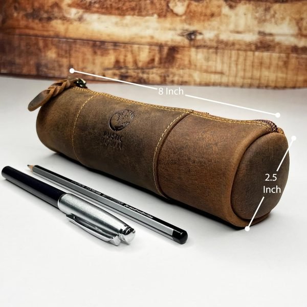 wholesale rustic town leather pencil case - full grain leather zippered pen pouch - stationery bag pen holder for work & office free samples