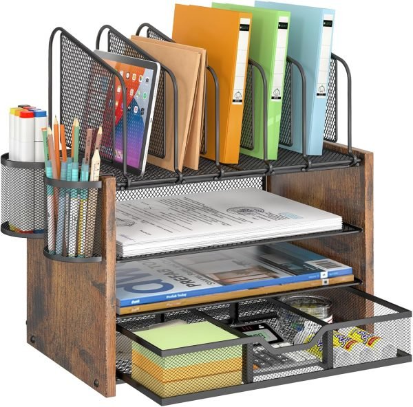 wholesale 4-tier mesh desk organizer, wooden desk file organizer with 5 vertical file holders and 2 pen holders, desktop organizer with drawer, desk organizers and accessories for home office free samples