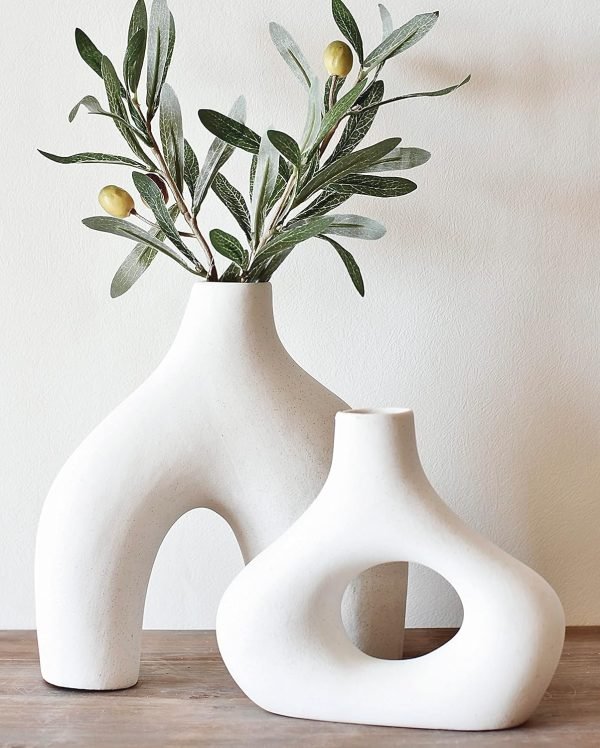 wholesale carrot's den donut vase, set of 2 - minimalist nordic, white ceramic hollow donut vase decor | table centerpiece, olive plant, wedding, living room, bookshelf, office, modern home, entryway, console free samples