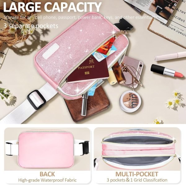 wholesale fanny packs for women men mini fashion glitter waist packs with adjustable strap and 3 zipper pockets everywhere crossbody belt bag for outdoors running travelling (pink bling sparkle) free samples