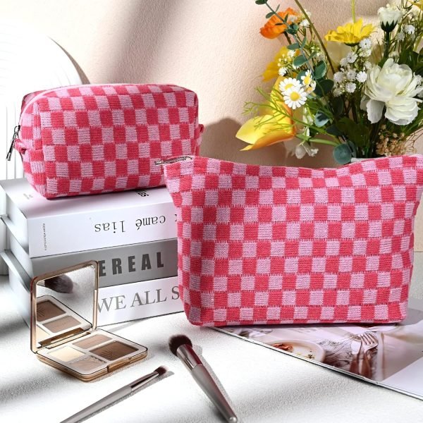 wholesale soidram 2 pieces makeup bag large checkered cosmetic bag capacity canvas mix travel toiletry bag organizer cute makeup brushes aesthetic accessories storage bag for women, checkered mix rose red free samples