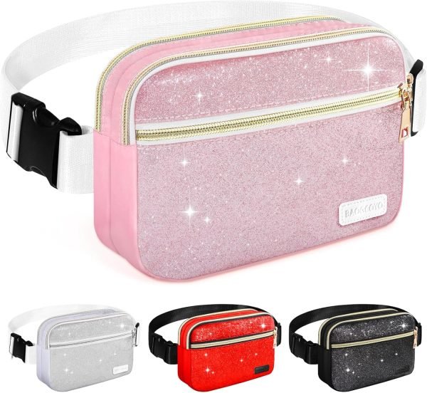 wholesale fanny packs for women men mini fashion glitter waist packs with adjustable strap and 3 zipper pockets everywhere crossbody belt bag for outdoors running travelling (pink bling sparkle) free samples