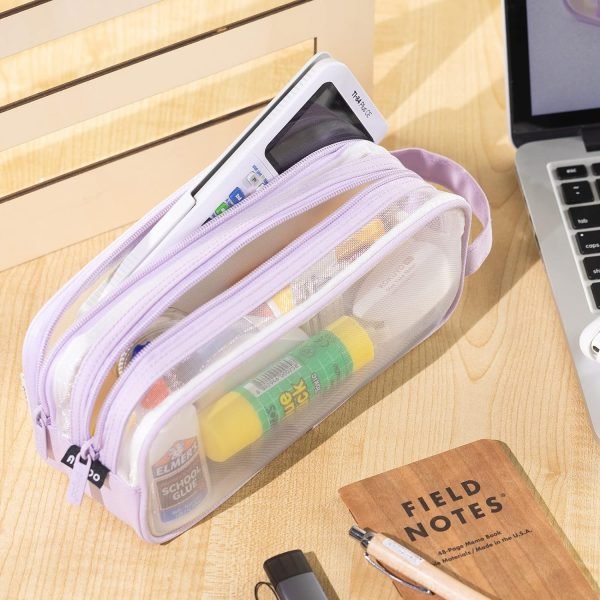 wholesale angoobaby large grid mesh pencil case 2 compartment pen bag clear handheld multifunction pencil pouch transparent makeup bag for teen student college business travel office adult - purple free samples