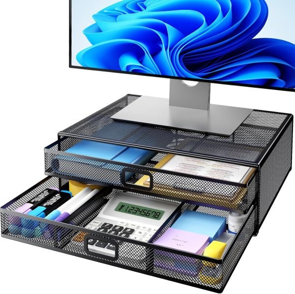 wholesale huanuo 2 tier monitor stand, metal monitor riser with drawer, desk organizer, monitor stand with storage, desktop computer stand for pc, laptop, printer free samples