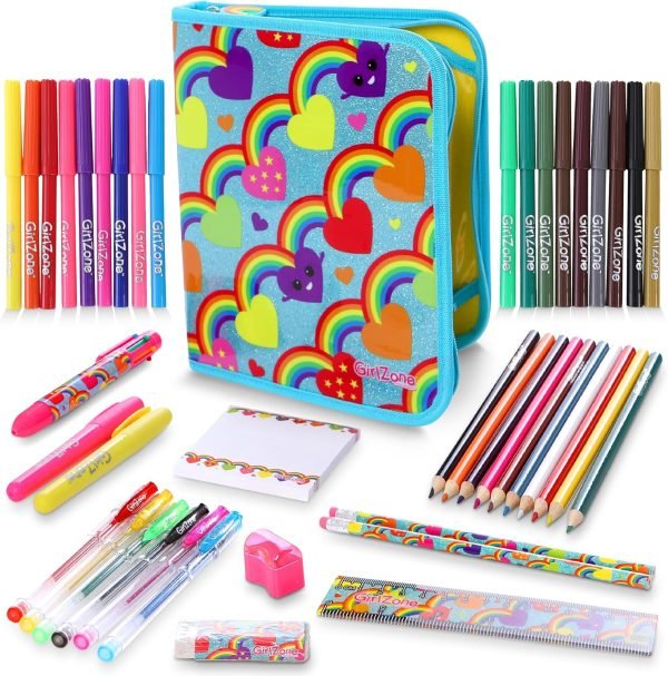 wholesale girlzone 43-piece rainbow stationery set for girls, jumbo rainbow arts & crafts filled stationery pencil case for girls, art case for toddlers, kids, teens & teachers free samples