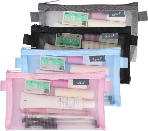 wholesale toplive 4pcs pencil case set, bulk clear exam pencil pouch, nylon mesh zipper pen case bag, makeup bag for women, portable office school stationery storage pouch for students, black grey pink blue free samples