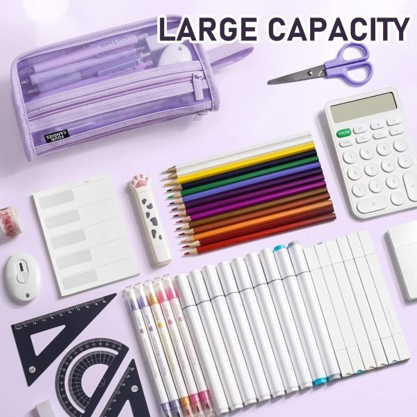 wholesale four candies grid mesh pencil case with handle and zipper, clear double-layer pencil pouch marker pouch, travel makeup bag, cute transparent stationary organizer pen bag for adult office college free samples