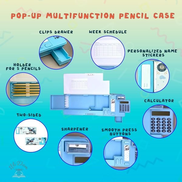 wholesale pop up multifunction pencil case for boys and girls, stationery organizer with calculator, sharpener and schedule, school supplies pencil box, children art holder, best gift birthday present for kids free samples