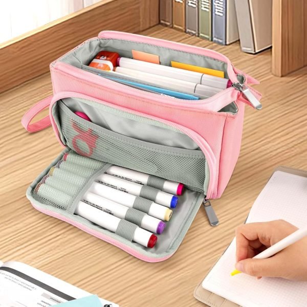 wholesale sooez super large pencil case, big capacity pencil bag with 3 compartments, hold 200 pencils, cute pencil pouch with zipper, portable stationery pen bag, aesthetic school supplies for girls, pink free samples