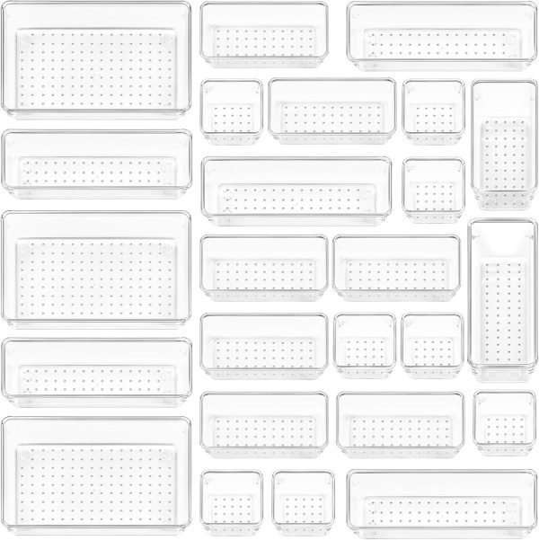 wholesale vtopmart 25 pcs clear plastic drawer organizers set, 4-size versatile bathroom and vanity drawer organizer trays, storage bins for makeup, bedroom, kitchen gadgets utensils and office free samples