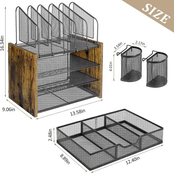 wholesale 4-tier mesh desk organizer, wooden desk file organizer with 5 vertical file holders and 2 pen holders, desktop organizer with drawer, desk organizers and accessories for home office free samples