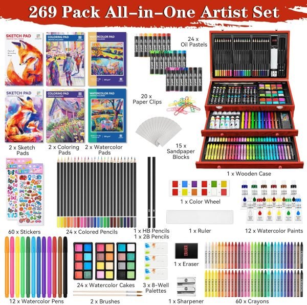 wholesale popyola art supplies, 269 piece deluxe art set with 6 drawing pads, watercolor paints, crayons, colored pencils set in wooden case, creative gifts for artists adults kids free samples