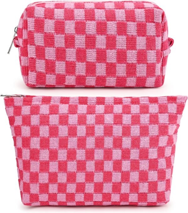 wholesale soidram 2 pieces makeup bag large checkered cosmetic bag capacity canvas mix travel toiletry bag organizer cute makeup brushes aesthetic accessories storage bag for women, checkered mix rose red free samples