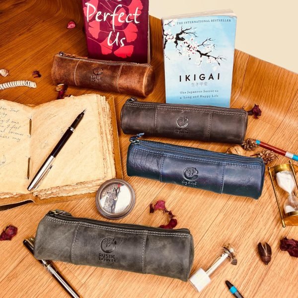 wholesale rustic town leather pencil case - full grain leather zippered pen pouch - stationery bag pen holder for work & office free samples