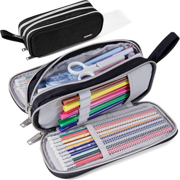 wholesale pencil case with 3 compartments, canvas zipper pencil pouch, large pencil bag, big pen case pouch organizer for adults, pencil pouches for middle high school teen boys girls - black free samples