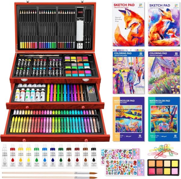 wholesale popyola art supplies, 269 piece deluxe art set with 6 drawing pads, watercolor paints, crayons, colored pencils set in wooden case, creative gifts for artists adults kids free samples